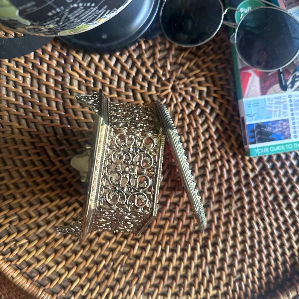 Vintage Metal Hexagon Jewelry Trinket Box with Beveled Glass Lid, 4